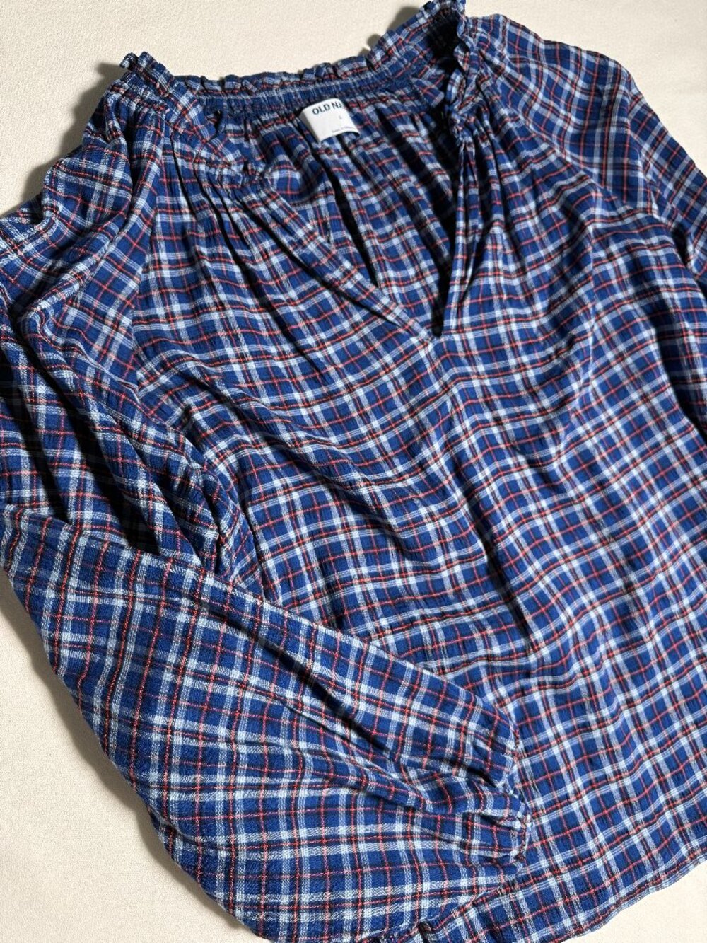 Old Navy Woman's Blue/Orange Plaid Peasant Blouse Size L NWT V-Neck Flowy Fit